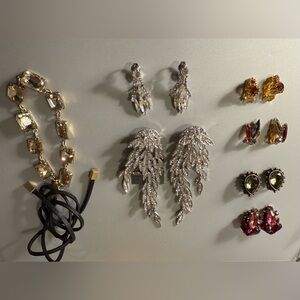 Vintage Crystal and Rhinestone Jewelry Lot: Clip Earrings, Bracelet, Necklace